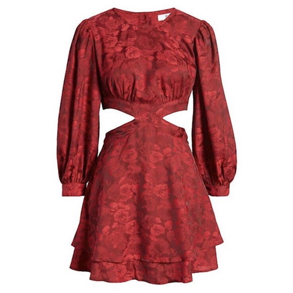 RAHI NWD Flora Cutout Mini A Line Dress Red Sz L Tie Back Button Back 7/8 Slv - Picture 3 of 8